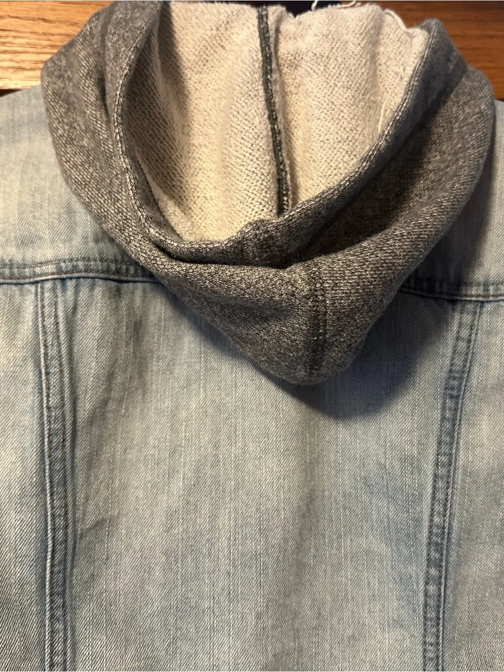 American Eagle Outfitters Light Blue Denim Jacket with Gray Knit Sleeves